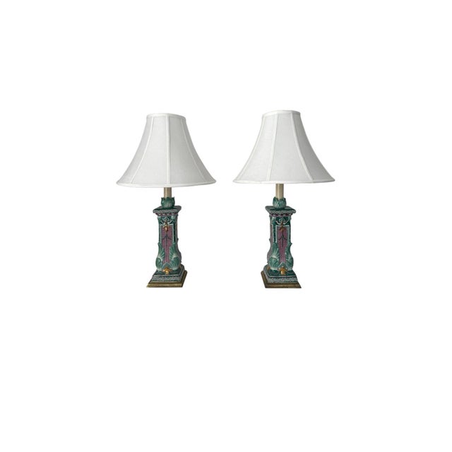Pair of Vintage Ceramic Table Lamps Cabbage Leaf Motif Pink and Green Hollywood Regency Style For Sale - Image 12 of 12