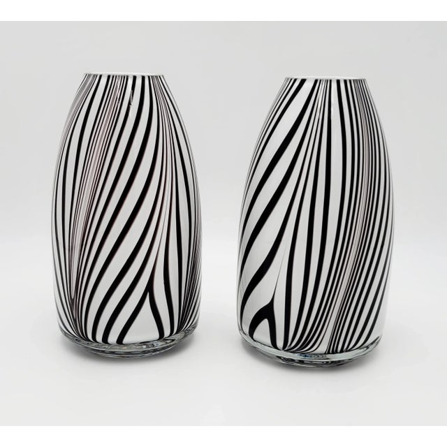 Pair Hand-Blown Art Glass Vases White Oxblood Striped Murano Style MCM For Sale - Image 9 of 9
