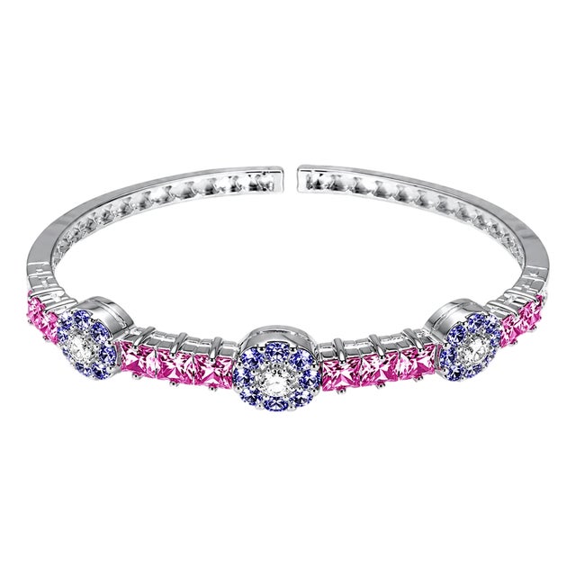 Late 20th Century 18K White Gold Pink Blue Sapphire Diamond Bangle Bracelet For Sale