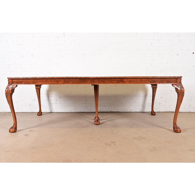 English Romweber Chippendale Burl Wood Extension Dining Table, Newly Refinished For Sale - Image 3 of 14