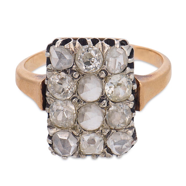 Traditional 1910s Edwardian Old Cut Diamond 18k Yellow Gold and Silver Ring, Size 5 For Sale - Image 3 of 7