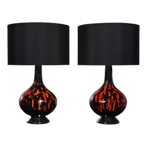 Mid-20th Century Mid-Century Modern Ceramic Orange & Black Glossy Drip Glaze Lamps a Pair