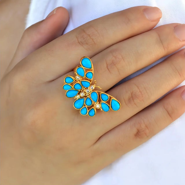 Not Yet Made - Made To Order Nina Zhou Butterfly Turquoise Diamond Cocktail Ring in 14k Yellow Gold, size 9 For Sale - Image 5 of 12