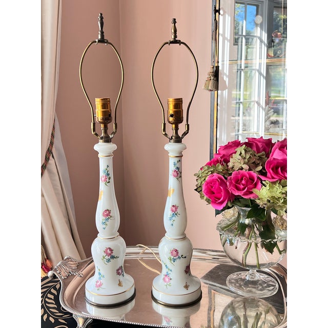 Glass 1950s Warren Kessler Hand-Painted Opaline Lamps - Pair For Sale - Image 7 of 12