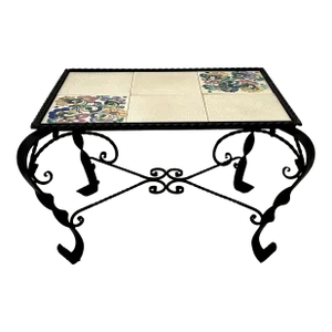 Vintage Wrought Iron Small Low Table With Gmundner Keramik Vienna Austria Hand Painted Art Pottery Tiles - Circa 1930s