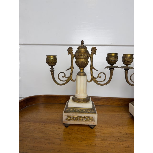 Pair of French Empire Style 19 Century Pair of Marble & Gilt Bronze Candle Sticks With Rooster Heads For Sale - Image 13 of 13