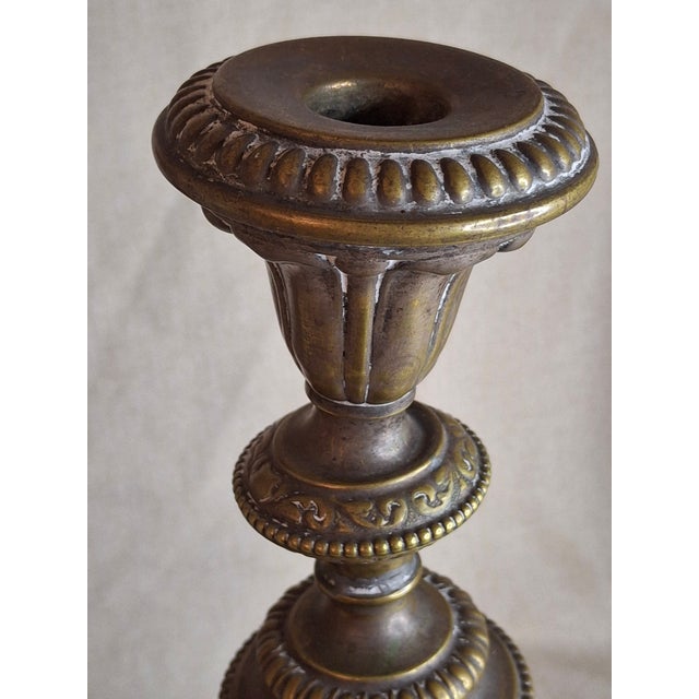 Antique Warsaw Brass Shabbat Candlesticks, 14" Polish Sabbath 19th Century Pair For Sale - Image 14 of 16