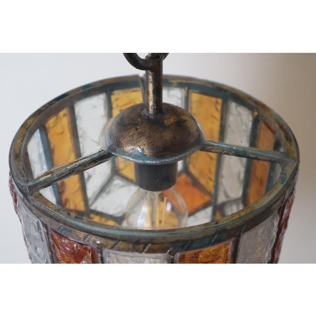 Brutalist Longobard Lantern Pendant in Hammered Glass, Italy, 1960s For Sale - Image 6 of 17