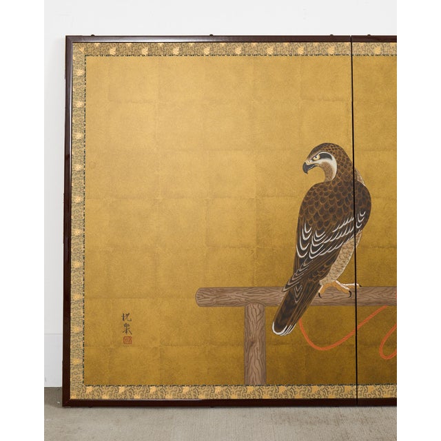 Japanese Japanese Showa Two Panel Screen Pair of Tethered Hawks For Sale - Image 3 of 12