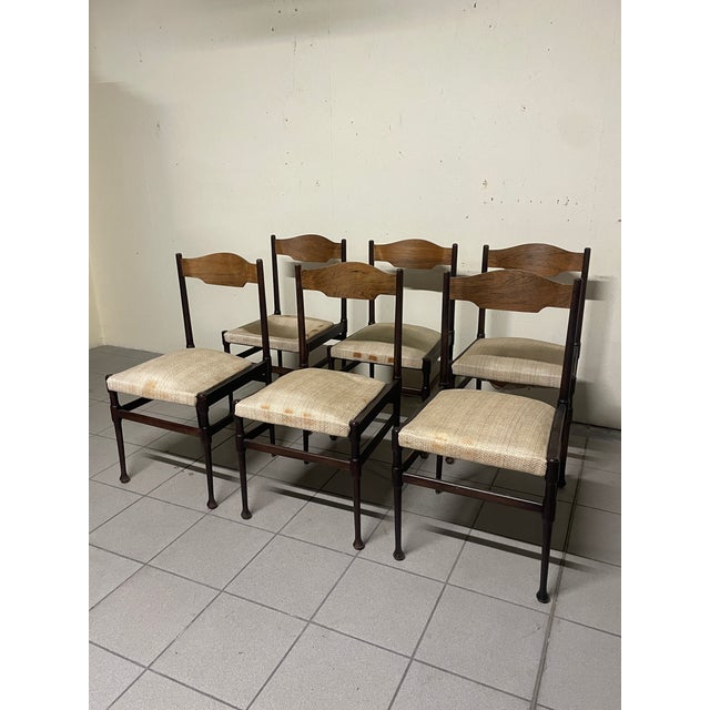 Italian Wooden and Fabric Chairs, 1960s, Set of 6 For Sale - Image 9 of 16