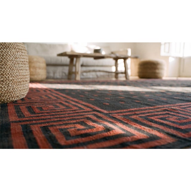 1920s Black Geometric Antique Indian Cotton Dhurrie Rug 8'3" X 12'9" Flatweave Carpet For Sale - Image 12 of 12