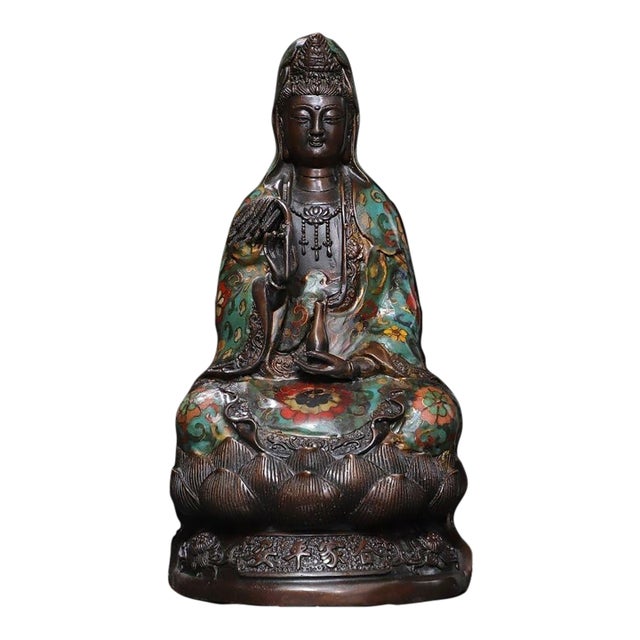 Late 20th Century Gilt Bronze Cloisonné Enamel Seated Figure of Guanyin on Lotus Base For Sale