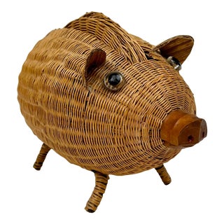 Vintage Wicker Pig Coaster Set For Sale