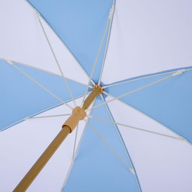 Spritely Home Gallo 6.5 Ft Beach Fringed Umbrella, Baby Blue Cabana Stripe For Sale - Image 4 of 8