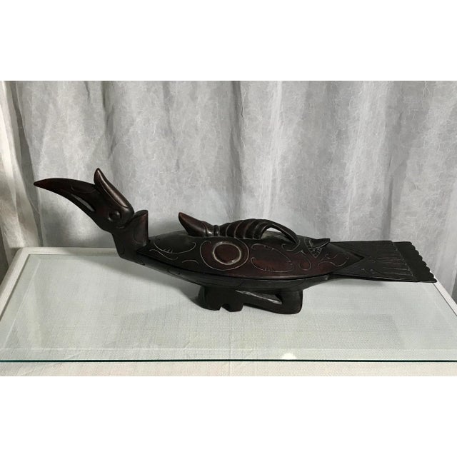Brown Vintage African Ceremonial Tropical Bird Artisan Box With Tribal Mask Lid For Sale - Image 8 of 8