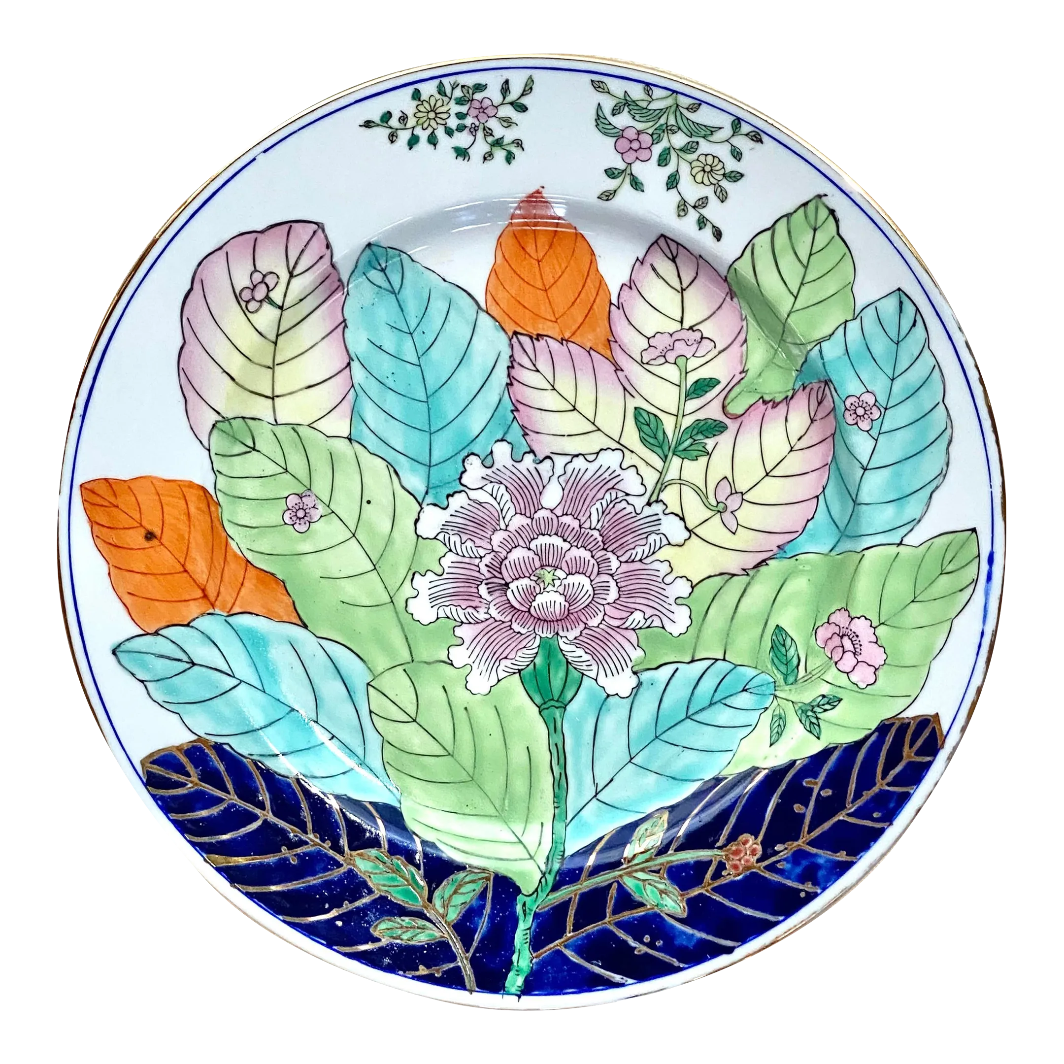 1980's Tobacco Leaf Chinoiserie Decorative Plate Gold Gilt