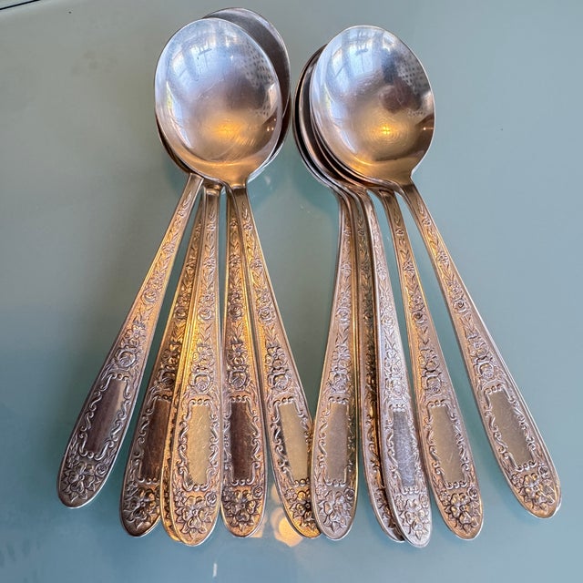 1930s Art Deco Bowl Soup Spoons (Gumbo) Mildred Silverplate, C1936 by National Silver Co 12 Pc Pruistine For Sale - Image 10 of 16