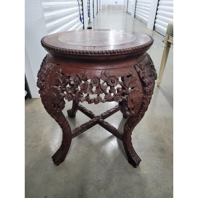 Carved Asian Plant Stand/Drinks Table W/Marble Top For Sale - Image 9 of 10