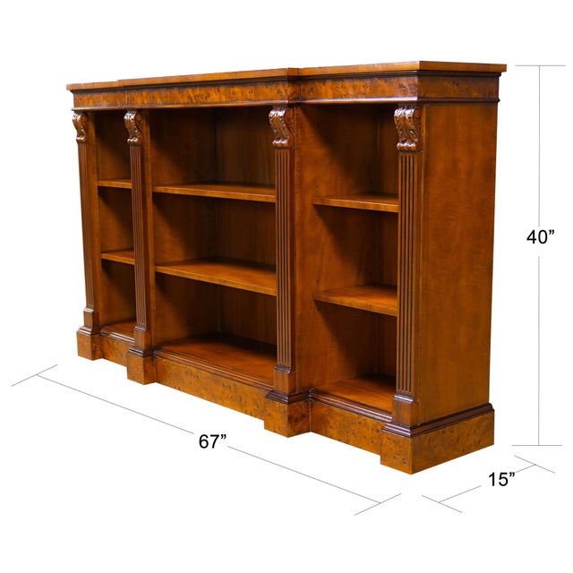 The Niagara Furniture Burled Penhurst Bookcase has a burled veneer top which is banded and supported by a burled cornice...