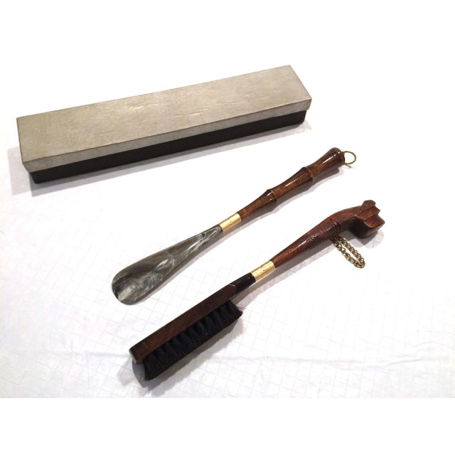 Mid-Century Entryway or Mudroom Wood and Brass Hanging Boot Brush and Shoe Horn Set - 2 Pieces For Sale - Image 13 of 13