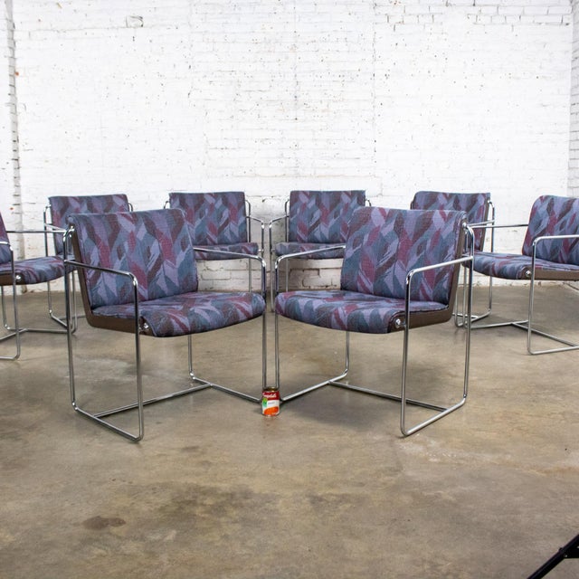 Late 20th Century Modern Krueger Set 8 Dining Armchairs Chrome Steel Rod Frames & Geometric Fabric For Sale - Image 17 of 18