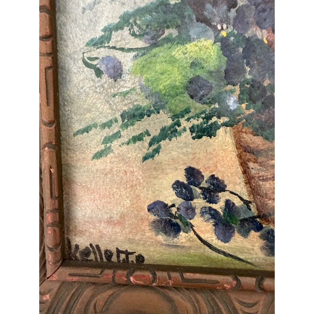 Small still life painting depicting a woven basket overflowing with violet blossoms and pale green fruit (pears or...