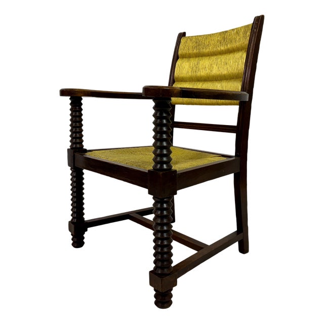 French Oak and Rush Armchair attributed to Charles Dudouyt, 1940s For Sale