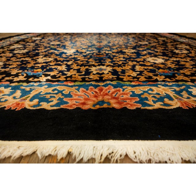 1920s Traditional Navy Floral Knotted Wool Antique Chinese Room Size Carpet Rug For Sale - Image 4 of 9