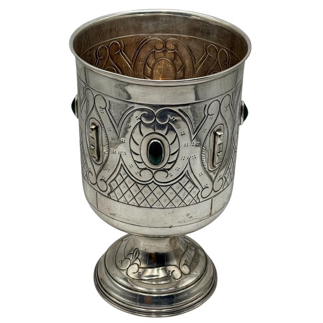 Large Mexican Spanish Colonial Revival Alpaca Silver Wine Bucket & Green Onyx For Sale - Image 12 of 12