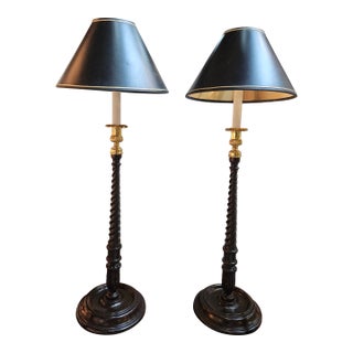 Stylish Pair of Tall Dark Walnut Barley Twist Candlestick Lamps With Brass Bobish - A Pair For Sale