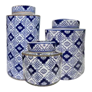 Asian Navy & White Diamond Print Porcelain Jars- Set of 3