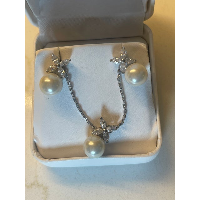 Delicate 1/4" PEARL /CZ PIERCED EARINGS WITH MATCHING PENDANT 16"