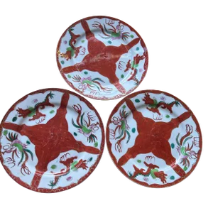 1980s Asian Porcelain Red and Green Dragon Design Plates- Set of 3