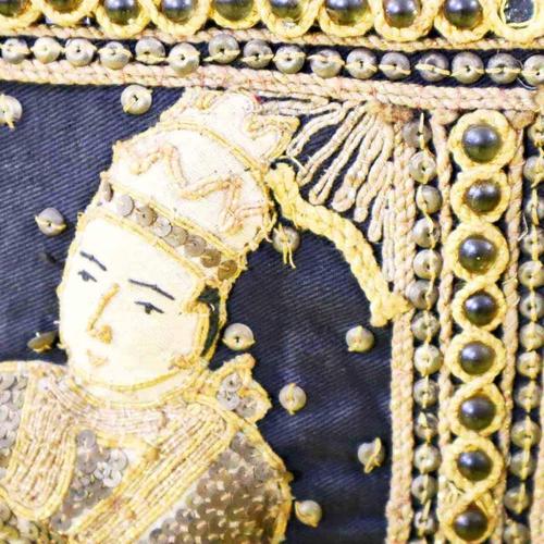 2000 - 2009 Embroidered Burmese Kalaga Tapestry with Sequins in Golden Frame, 2000s For Sale - Image 5 of 11