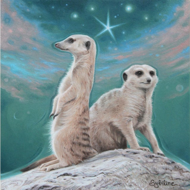 This artwork depicts two meerkats poised on a rocky outcrop, set against a vibrant, swirling background that hints at a...