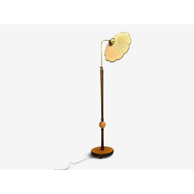 1930s Swedish Art Deco, Adjustable Floor Lamp, Birch, Brass, Fabric, Sweden, 1930s For Sale - Image 5 of 12