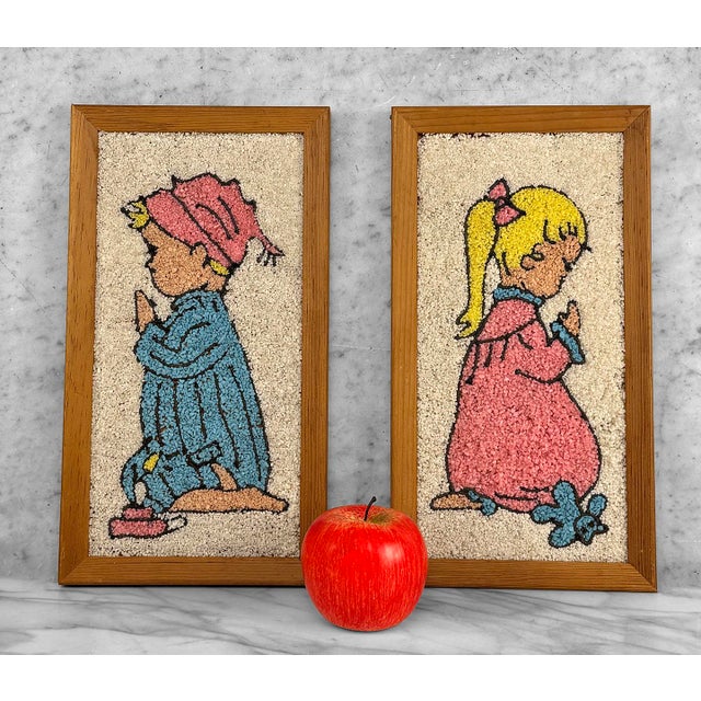 Vintage Mosaic Gravel Art Little Boy & Girl Wall Hangings, A Pair, c.1960's - Pairs Nicely with Many Mid-Century &...