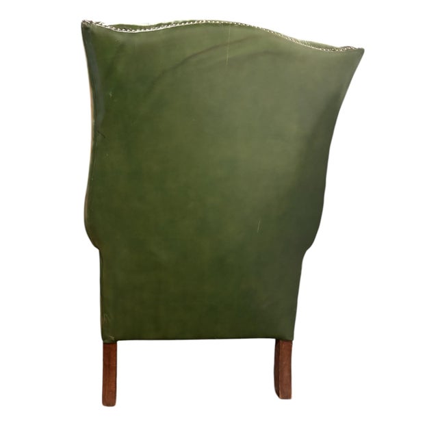 Vintage Forest Green Leather Wingchair For Sale - Image 4 of 5