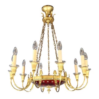 1950s Gilt Empire Neoclassical Patina Red Glass Brass Chandelier For Sale