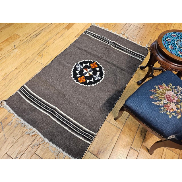 Vintage Mexican Serape Blanket Kilim, Handwoven Wool, Dark Gray/Chocolate, 3x6 For Sale In Chicago - Image 6 of 10