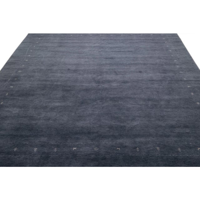 Contemporary Modern Gabbeh Style Hand-Loom Minimalist Pattern Blue Wool Rug For Sale - Image 3 of 11