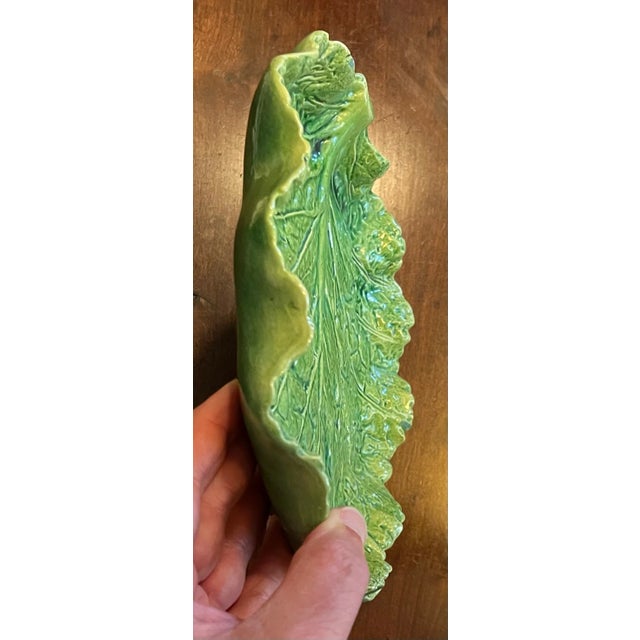 Traditional Antique Portuguese Majolica Pottery Green Cabbage or Lettuce Leaf Serving Dish For Sale - Image 3 of 14