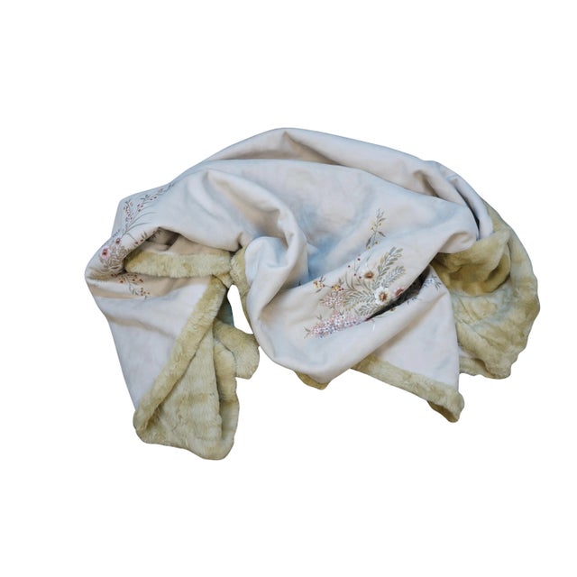 6 Available - Luxurious double sided faux fur and suede throw blanket, golden in color, hand painted with sprigs of...