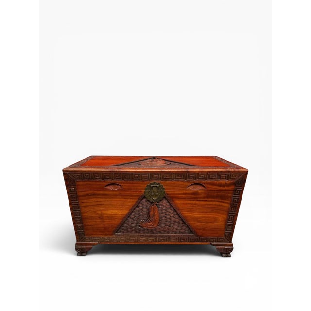 Chinoiserie Vintage Hand-Carved Camphor Wood Trunk Chest With Greek Key Motif & Brass Hardware For Sale - Image 3 of 14