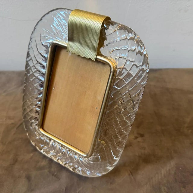 Metal 1990s Barovier Style Art Deco Clear Murano Glass and Brass Picture Frame For Sale - Image 7 of 12