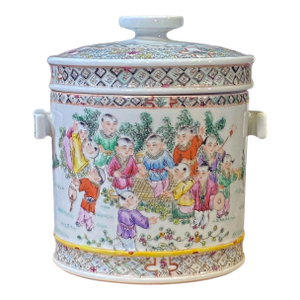 Vintage Chinoiserie Famille Rose Porcelain Tea Canister 8.5" H
