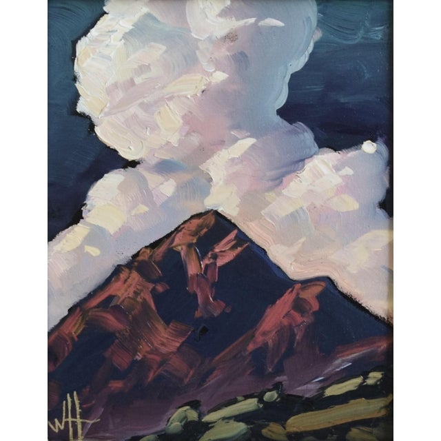 William Hawkins Dreamy Puffy White Clouds & Mountains Landscape Oil Painting Including the Antiqued Silver Wood Frame For Sale - Image 4 of 7