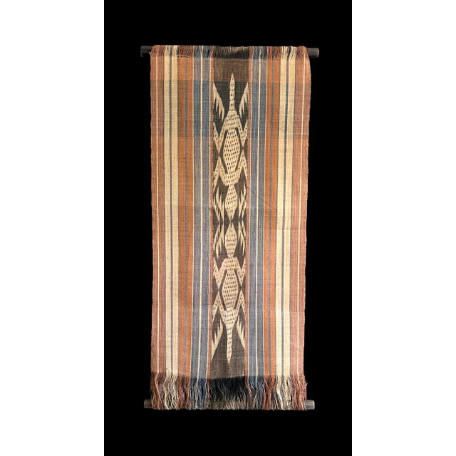 Rare Hand Woven Ikat Indonesian Black, Brown & Blue Fibre Textile Wall Art Panel / Hanging For Sale - Image 4 of 10