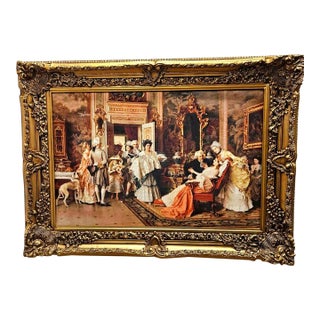 Living Room Wall Art Print on Cotton Fabric – Elegant Social Gathering Scene, Vintage Gold Frame For Sale