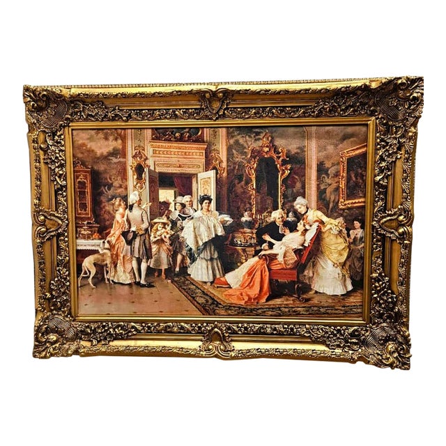 Living Room Wall Art Print on Cotton Fabric – Elegant Social Gathering Scene, Vintage Gold Frame For Sale